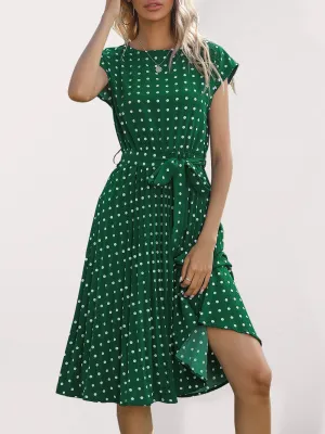Polka Dot Midi Dress with Pleats and Waist Tie
