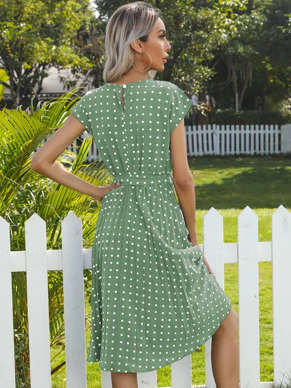 Polka Dot Midi Dress with Pleats and Waist Tie