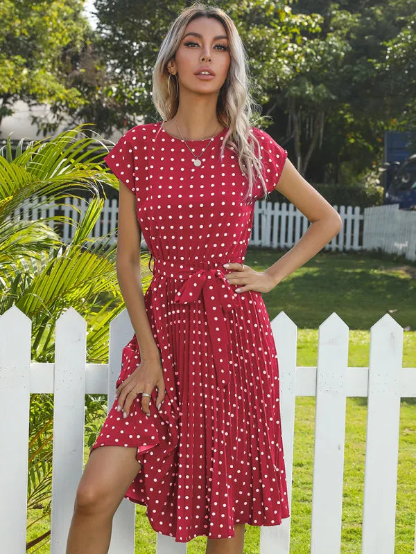 Polka Dot Midi Dress with Pleats and Waist Tie