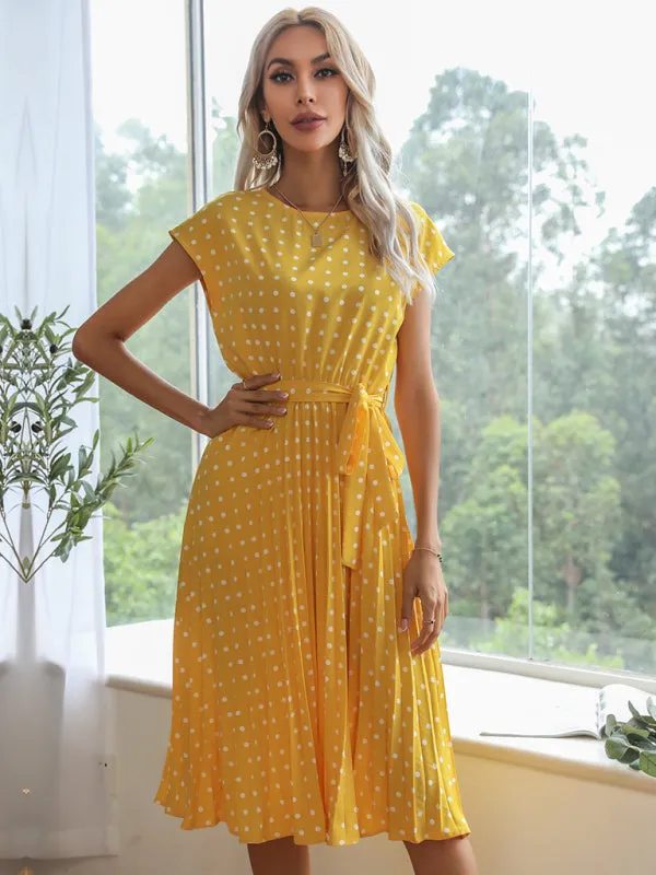 Polka Dot Midi Dress with Pleats and Waist Tie