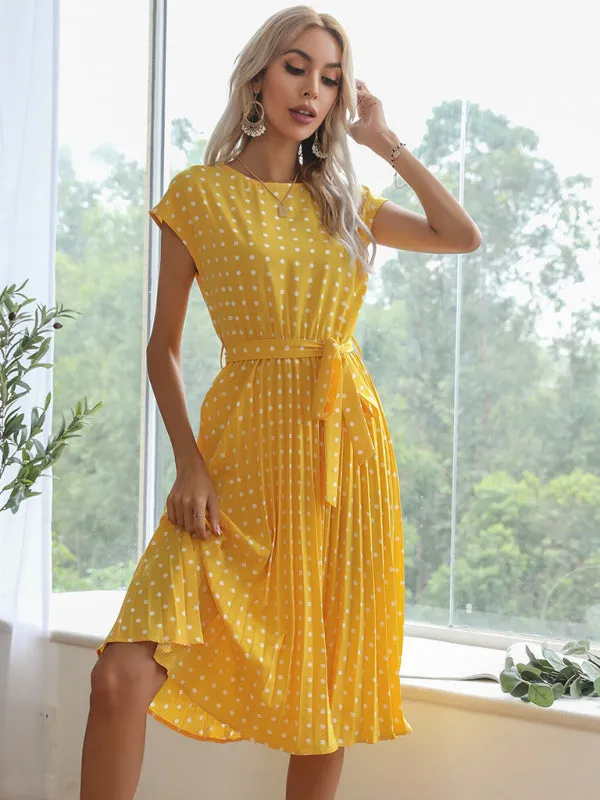 Polka Dot Midi Dress with Pleats and Waist Tie