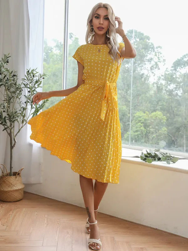 Polka Dot Midi Dress with Pleats and Waist Tie