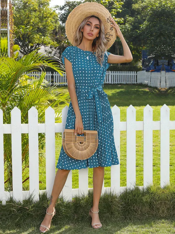 Polka Dot Midi Dress with Pleats and Waist Tie