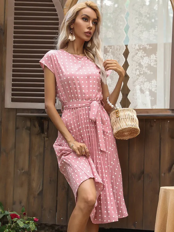 Polka Dot Midi Dress with Pleats and Waist Tie