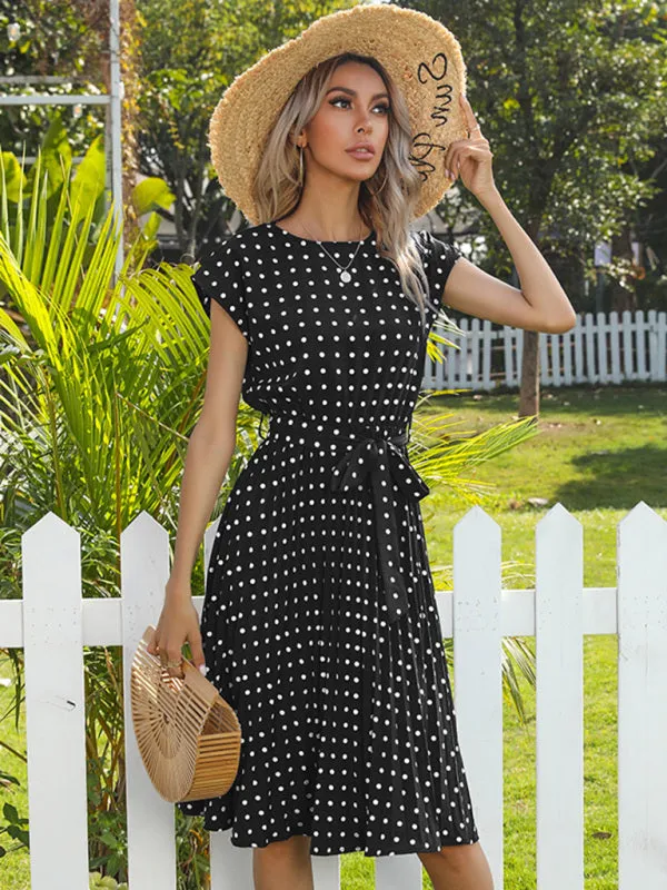 Polka Dot Midi Dress with Pleats and Waist Tie