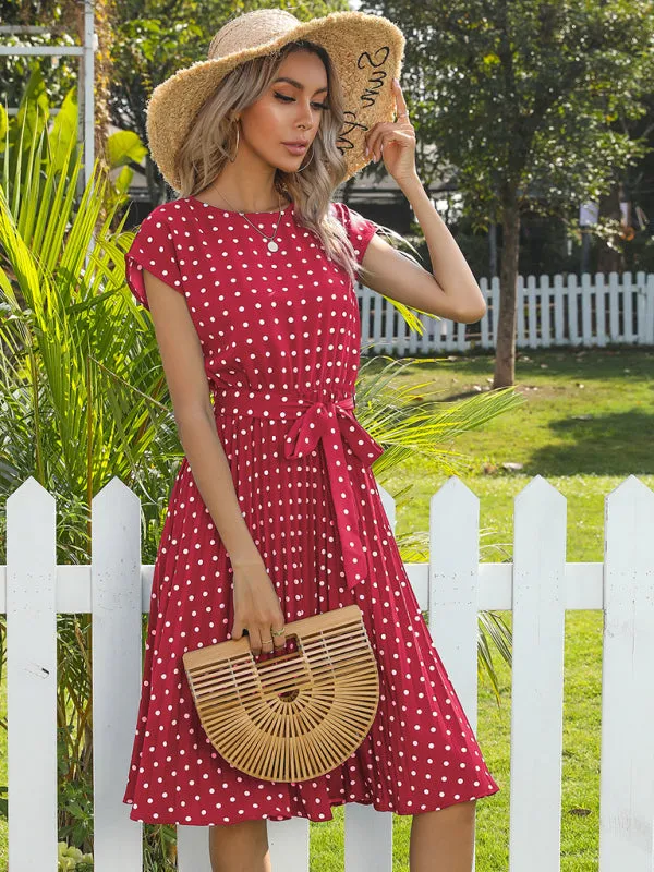 Polka Dot Midi Dress with Pleats and Waist Tie