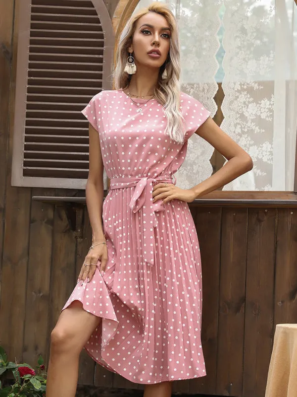 Polka Dot Midi Dress with Pleats and Waist Tie