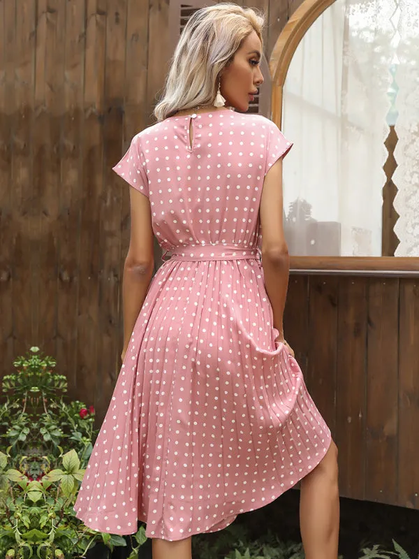 Polka Dot Midi Dress with Pleats and Waist Tie