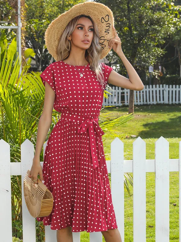 Polka Dot Midi Dress with Pleats and Waist Tie