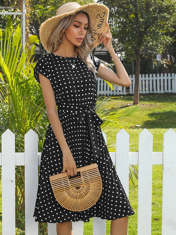 Polka Dot Midi Dress with Pleats and Waist Tie
