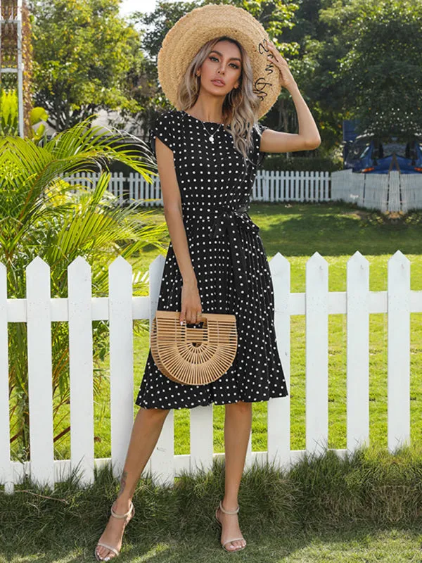 Polka Dot Midi Dress with Pleats and Waist Tie