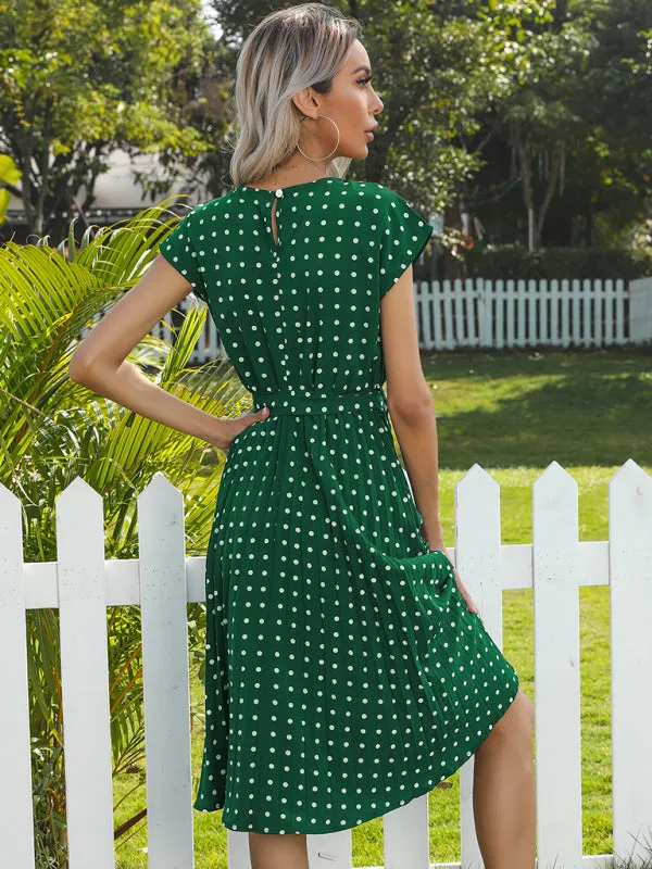 Polka Dot Midi Dress with Pleats and Waist Tie