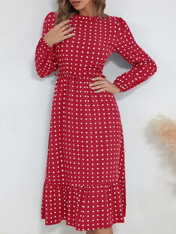 Polka Dot Midi Dress with Ruffled Hem and Cinched Waist