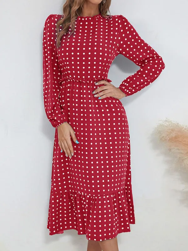 Polka Dot Midi Dress with Ruffled Hem and Cinched Waist