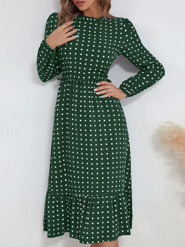 Polka Dot Midi Dress with Ruffled Hem and Cinched Waist