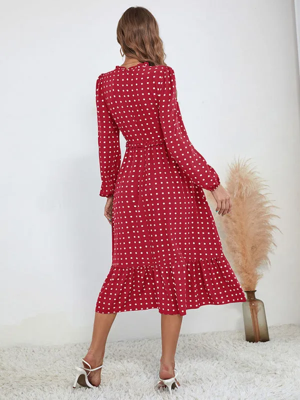 Polka Dot Midi Dress with Ruffled Hem and Cinched Waist