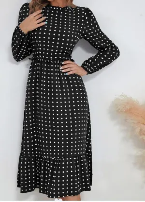 Polka Dot Midi Dress with Ruffled Hem and Cinched Waist