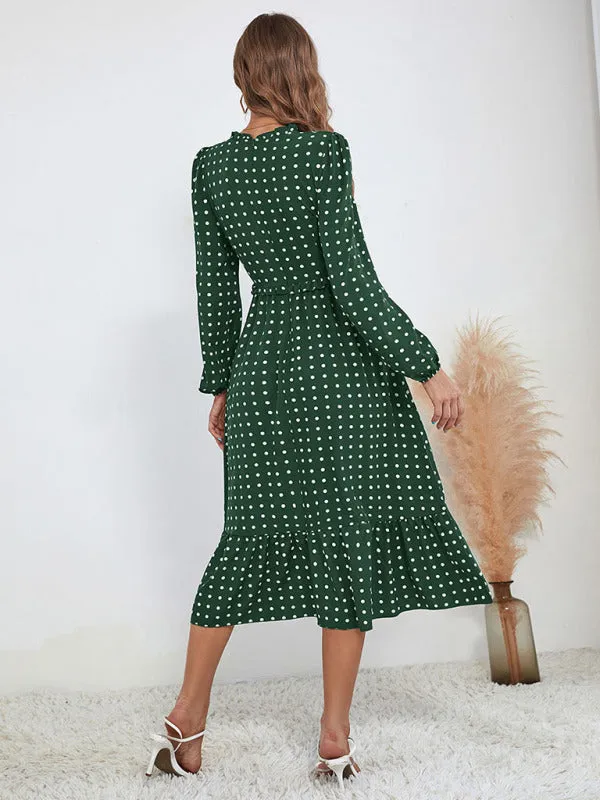 Polka Dot Midi Dress with Ruffled Hem and Cinched Waist