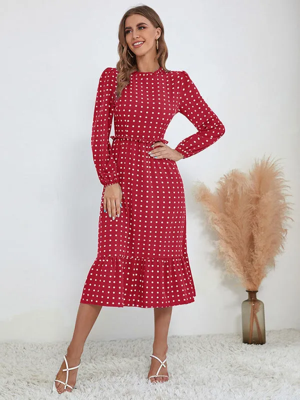 Polka Dot Midi Dress with Ruffled Hem and Cinched Waist