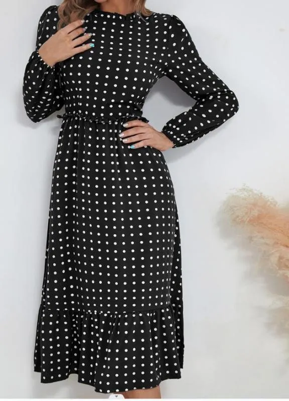 Polka Dot Midi Dress with Ruffled Hem and Cinched Waist