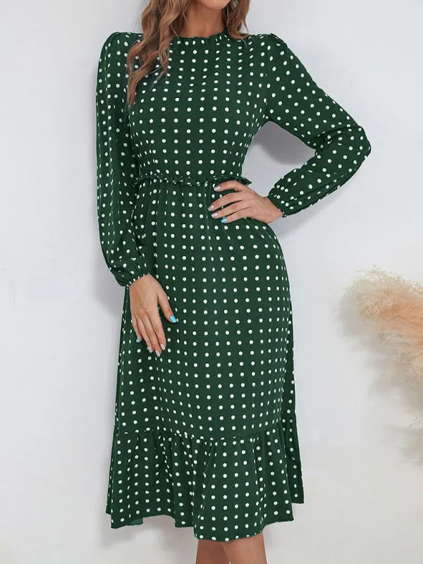Polka Dot Midi Dress with Ruffled Hem and Cinched Waist