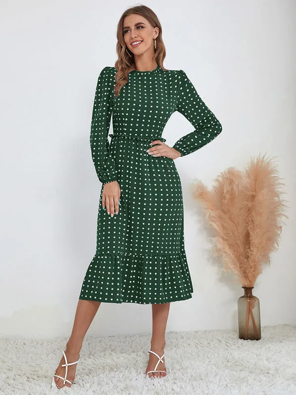 Polka Dot Midi Dress with Ruffled Hem and Cinched Waist