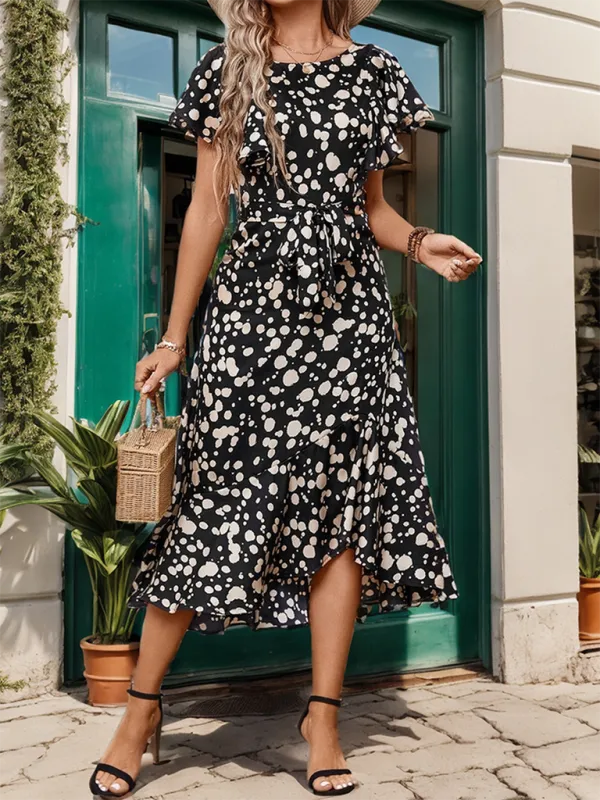 Polka Dot Midi Dress with Ruffled Sleeves and Waist Tie