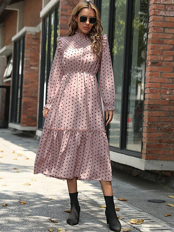 Polka Dot Midi Dress with Smocked Bodice and Tiered Skirt