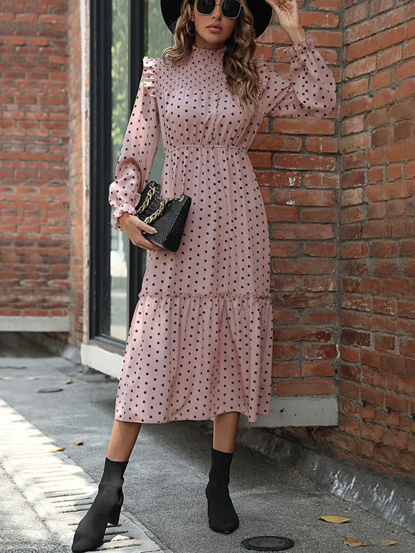 Polka Dot Midi Dress with Smocked Bodice and Tiered Skirt