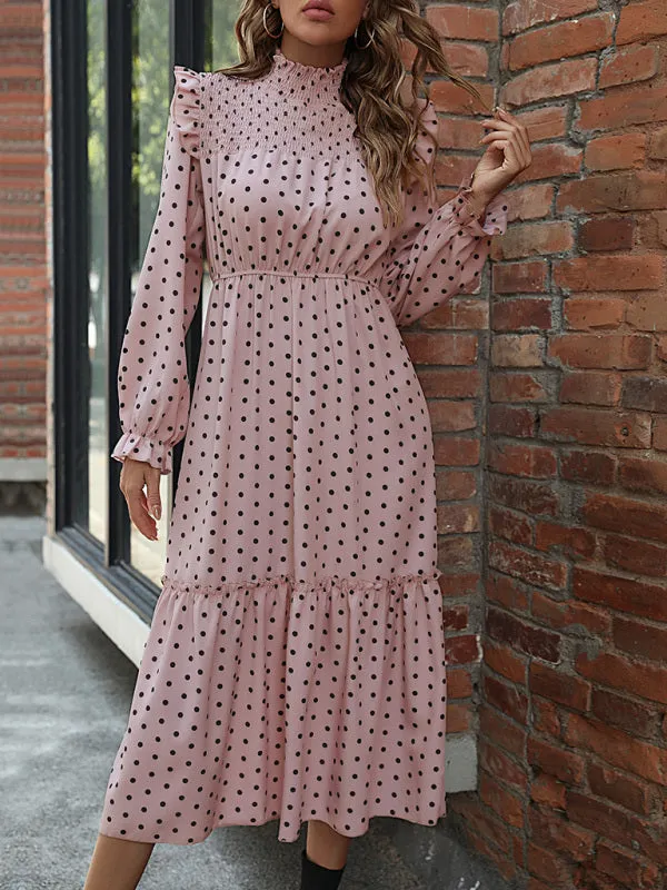 Polka Dot Midi Dress with Smocked Bodice and Tiered Skirt