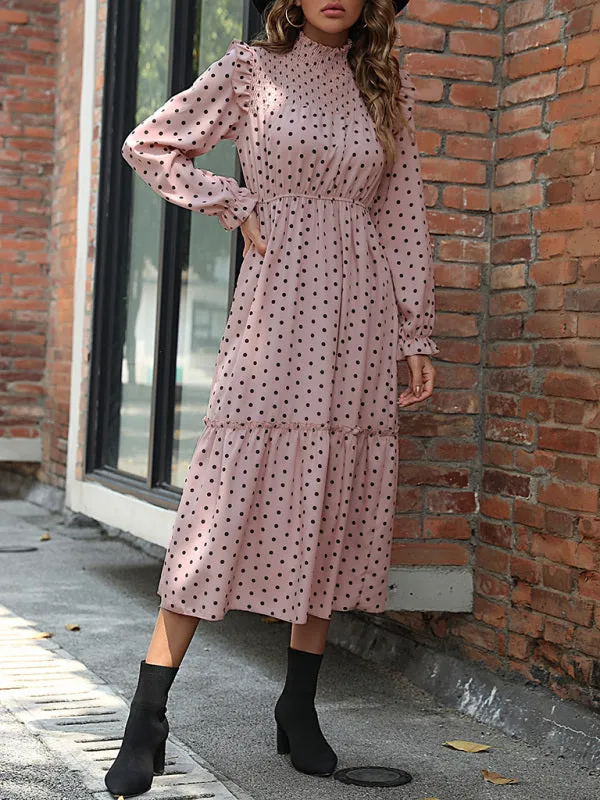 Polka Dot Midi Dress with Smocked Bodice and Tiered Skirt
