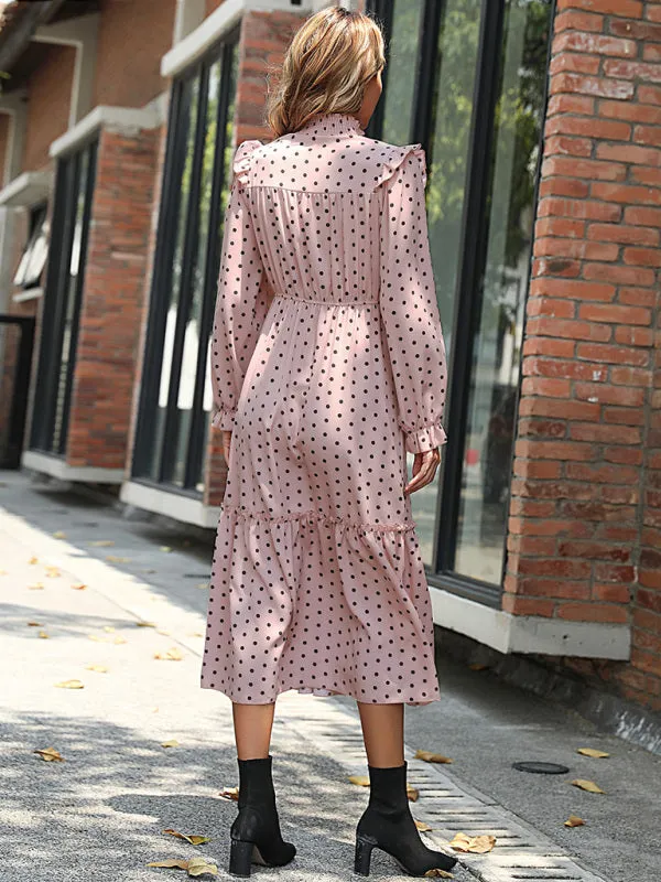 Polka Dot Midi Dress with Smocked Bodice and Tiered Skirt