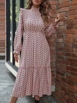 Polka Dot Midi Dress with Smocked Bodice and Tiered Skirt