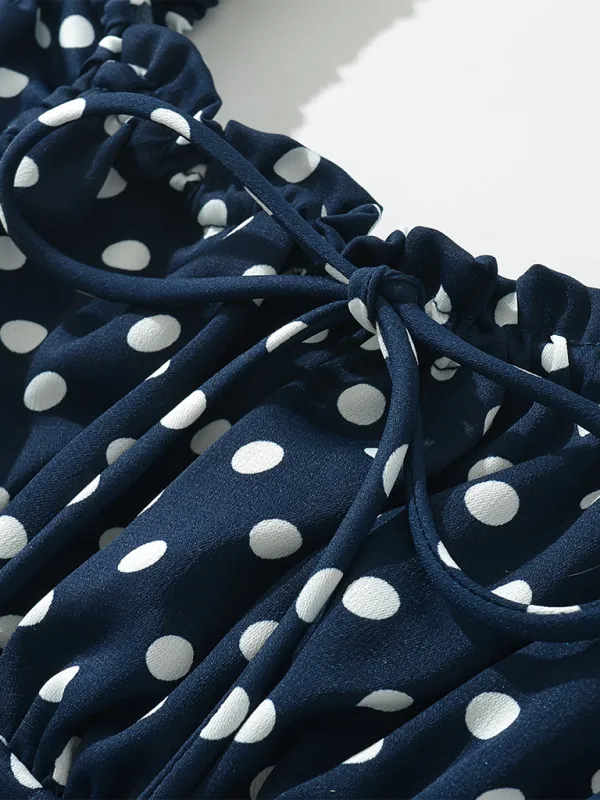 Polka Dot Mini Dress with Ruched Neckline and Button-Down Front