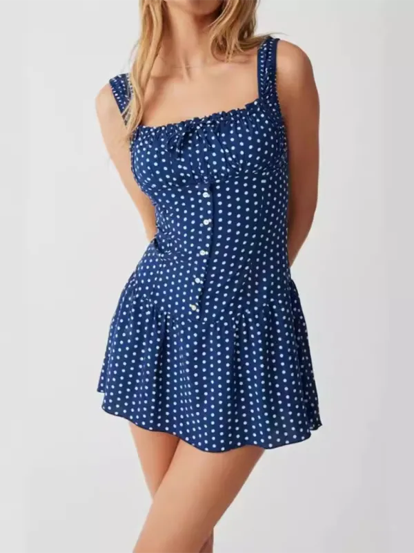 Polka Dot Mini Dress with Ruched Neckline and Button-Down Front