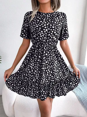 Polka Dot Mini Dress with Ruffled Hem and Cinched Waist