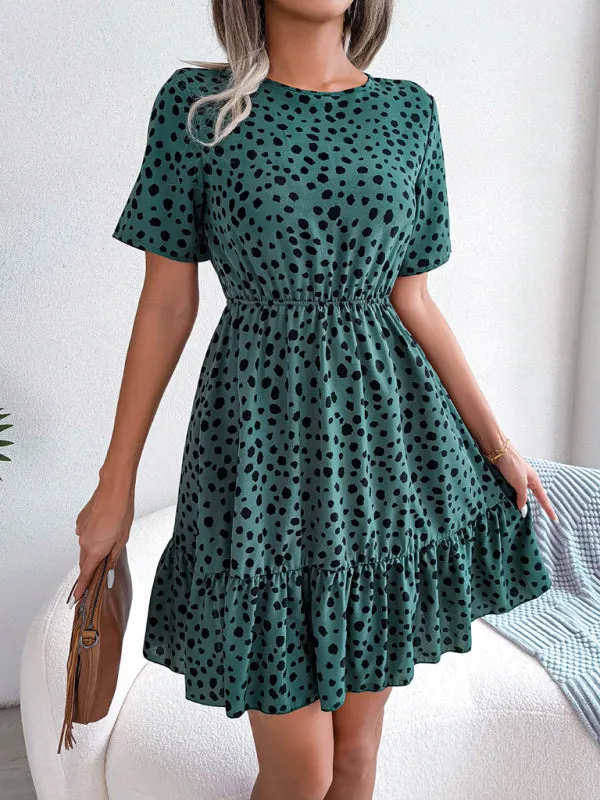 Polka Dot Mini Dress with Ruffled Hem and Cinched Waist
