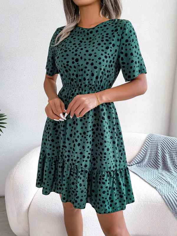 Polka Dot Mini Dress with Ruffled Hem and Cinched Waist