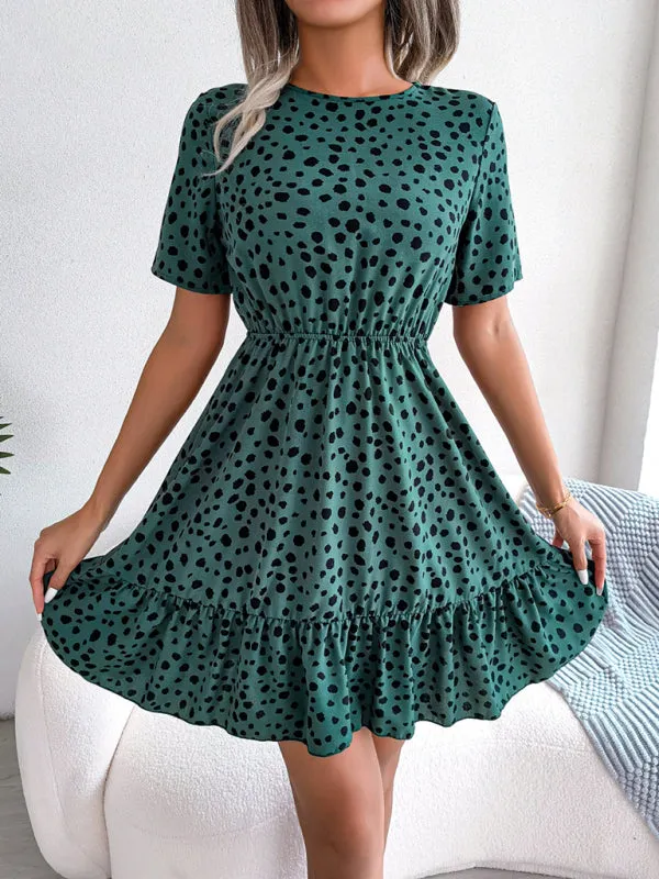 Polka Dot Mini Dress with Ruffled Hem and Cinched Waist