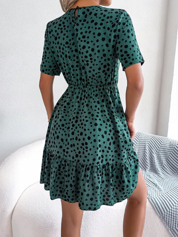 Polka Dot Mini Dress with Ruffled Hem and Cinched Waist