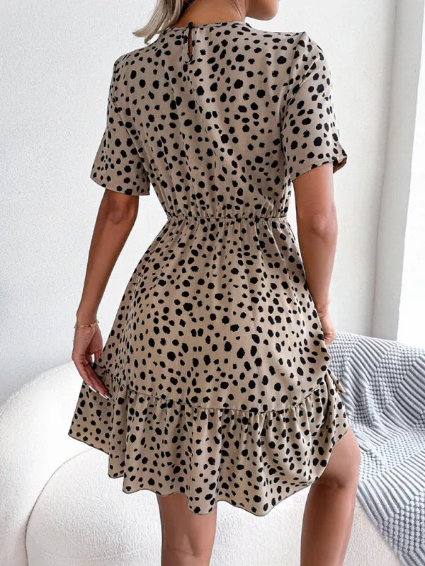 Polka Dot Mini Dress with Ruffled Hem and Cinched Waist