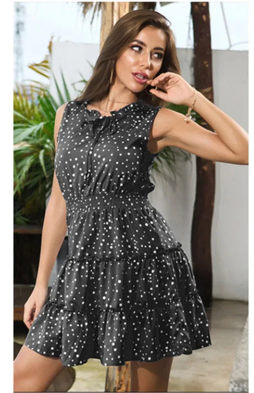 Polka Dot Mini Dress with Smocked Waist and Tiered Skirt