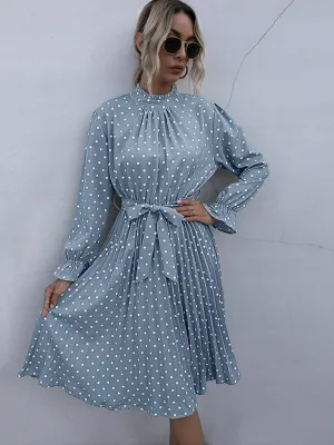 Polka Dot Pleated Turtleneck Dress with Long Sleeves