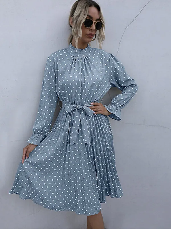Polka Dot Pleated Turtleneck Dress with Long Sleeves