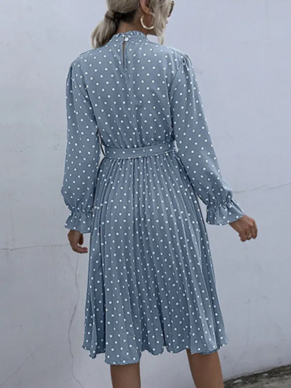 Polka Dot Pleated Turtleneck Dress with Long Sleeves
