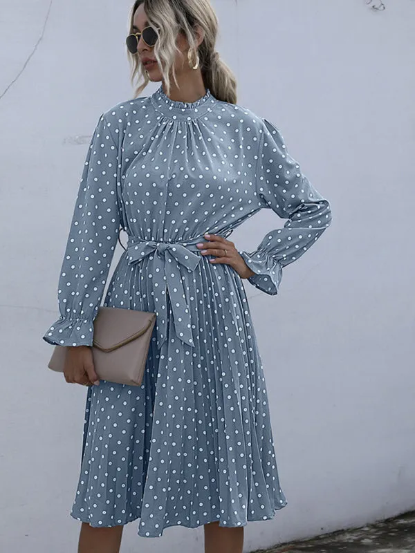 Polka Dot Pleated Turtleneck Dress with Long Sleeves