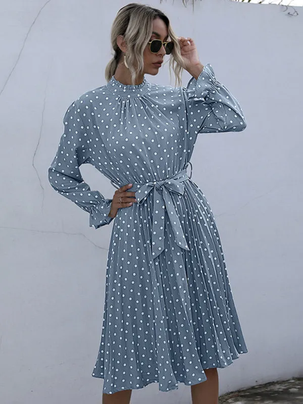 Polka Dot Pleated Turtleneck Dress with Long Sleeves