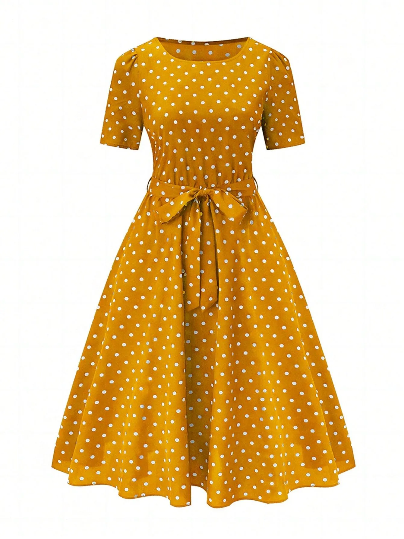 Polka Dot Printed Short-Sleeve Flowy Dress