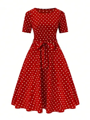Polka Dot Printed Short-Sleeve Flowy Dress