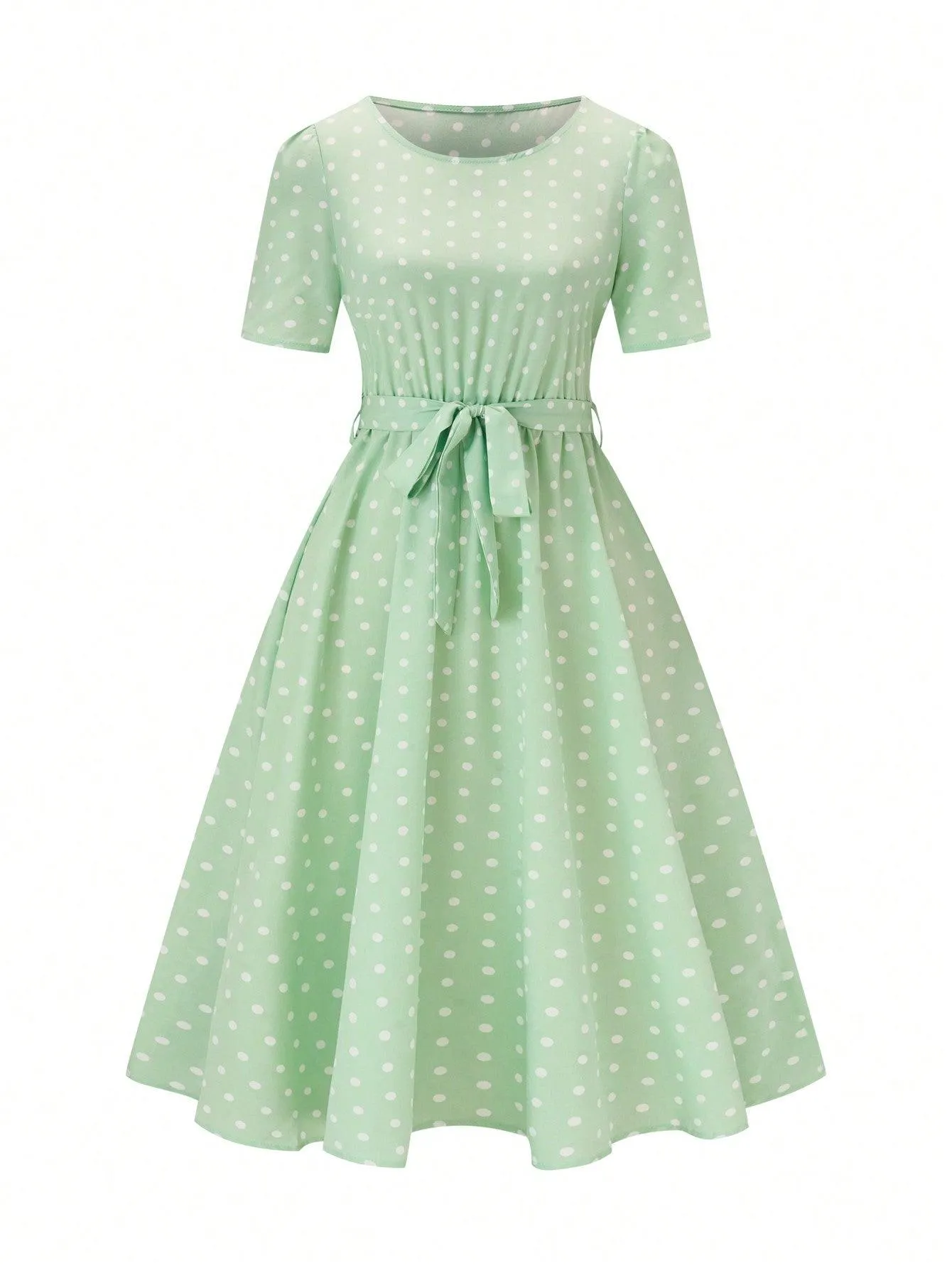 Polka Dot Printed Short-Sleeve Flowy Dress